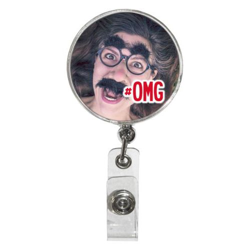 Personalized badge reel personalized with photo and the saying "#omg"