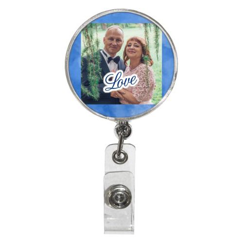 Personalized badge reel personalized with blue cloud pattern and photo and the saying "love"