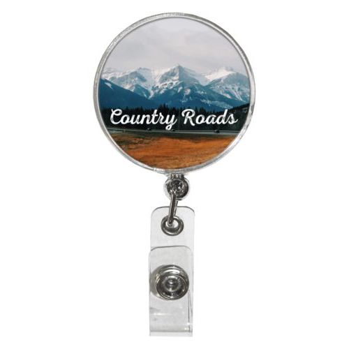 Personalized badge reel personalized with photo and the saying "Country Roads"