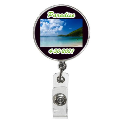 Personalized badge reel personalized with photo and the sayings "Paradise" and "4-30-2021"