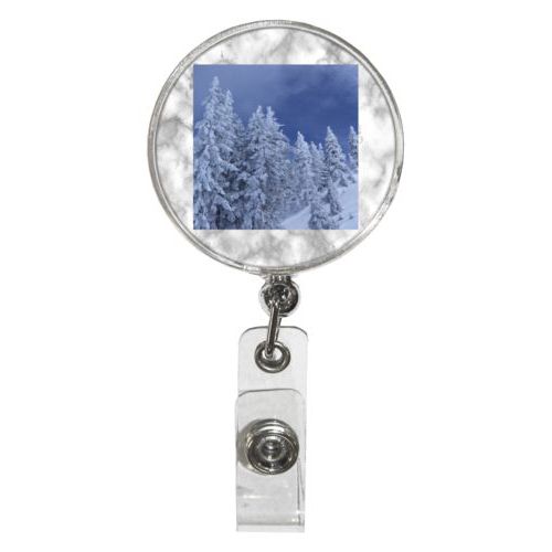 Personalized badge reel personalized with grey marble pattern and photo