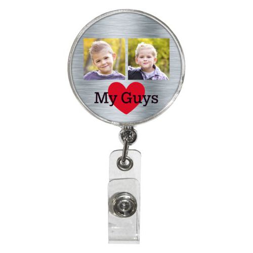 Personalized badge reel personalized with steel industrial pattern and photo and the sayings "heart" and "My Guys"