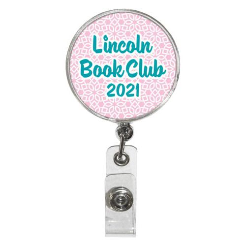 Personalized badge reel personalized with lattice pattern and the saying "Lincoln Book Club 2020"