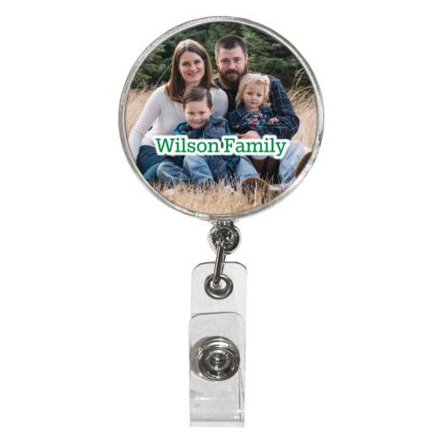 Personalized badge reel personalized with photo and the saying "Wilson Family"