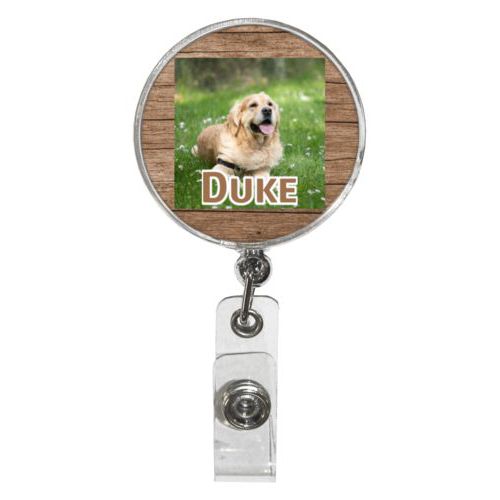 Personalized badge reel personalized with brown wood pattern and photo and the saying "Duke"
