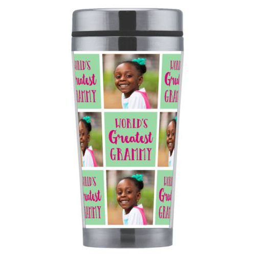 Personalized coffee mug personalized with a photo and the saying "World's Greatest Grammy" in pomegranate and spearmint