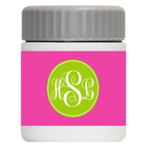 Personalized 12oz food jar personalized with concaved pattern and monogram in juicy green and juicy pink