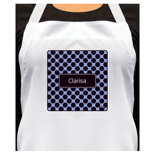 Personalized apron personalized with dots pattern and name in black and serenity blue