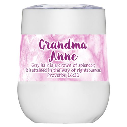 Personalized insulated wine tumbler personalized with pink marble pattern and the saying "Grandma Anne Gray hair is a crown of splendor; It is attained in the way of righteousness. Proverbs 16:31"
