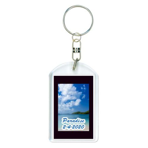 Personalized keychain personalized with photo and the saying "Paradise 2-4-2020"