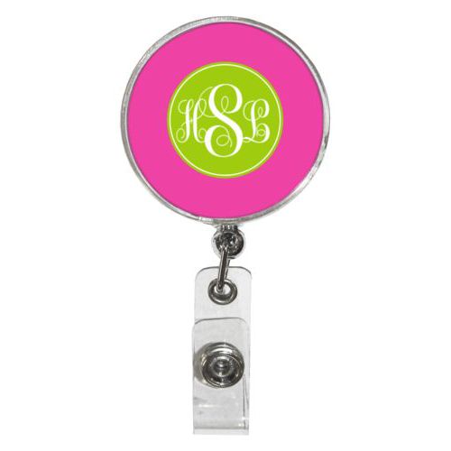 Personalized badge reel personalized with concaved pattern and monogram in juicy green and juicy pink
