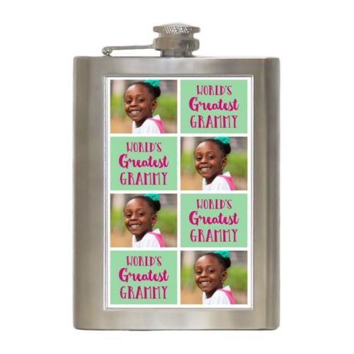 Personalized 8oz flask personalized with a photo and the saying "World's Greatest Grammy" in pomegranate and spearmint