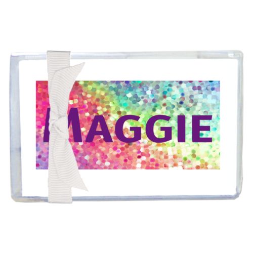 Personalized enclosure cards personalized with glitter pattern and the saying "Maggie"