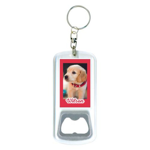 Personalized bottle opener personalized with photo and the saying "Wilson"