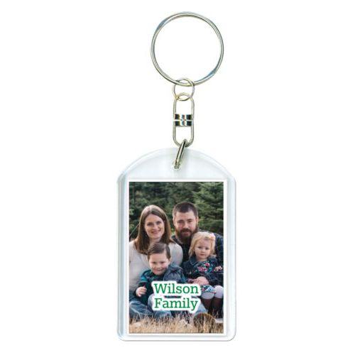 Personalized plastic keychain personalized with photo and the saying "Wilson Family"