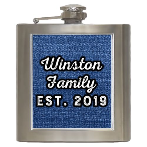 Personalized 6oz flask personalized with denim industrial pattern and the saying "Winston Family Est. 2019"