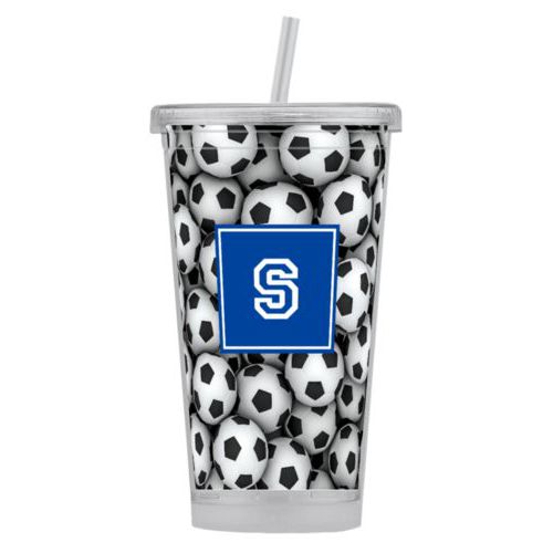 Personalized tumbler personalized with soccer balls pattern and initial in royal blue