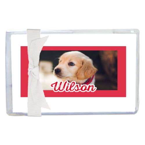 Personalized enclosure cards personalized with photo and the saying "Wilson"