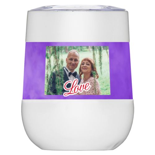 Personalized insulated wine tumbler personalized with purple cloud pattern and photo and the saying "love"