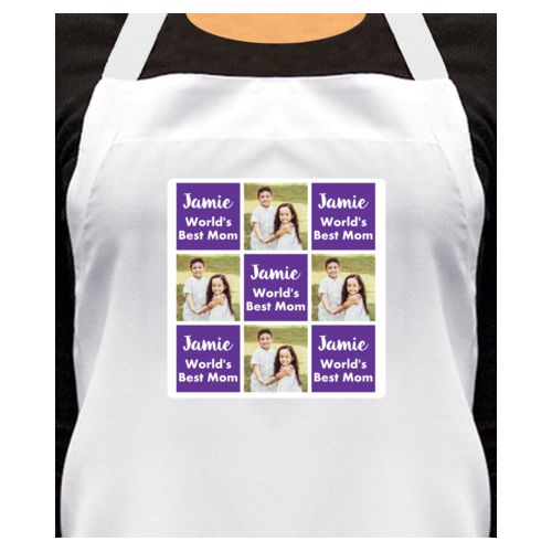 Personalized apron personalized with a photo and the saying "Jamie World's Best Mom" in purple and white
