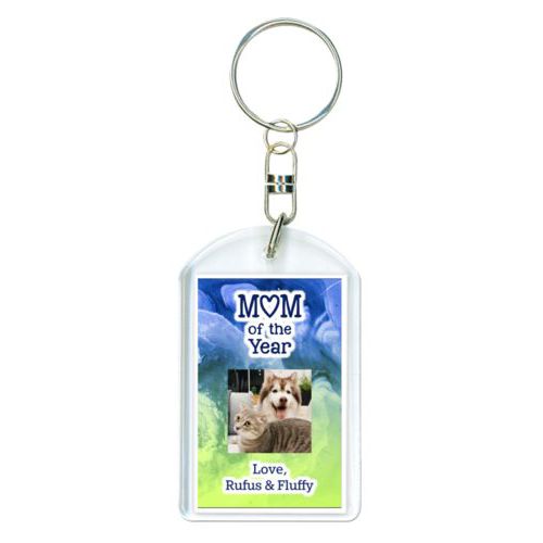 Personalized plastic keychain personalized with ombre quartz pattern and photo and the sayings "Mom of the Year" and "Love, Rufus & Fluffy"
