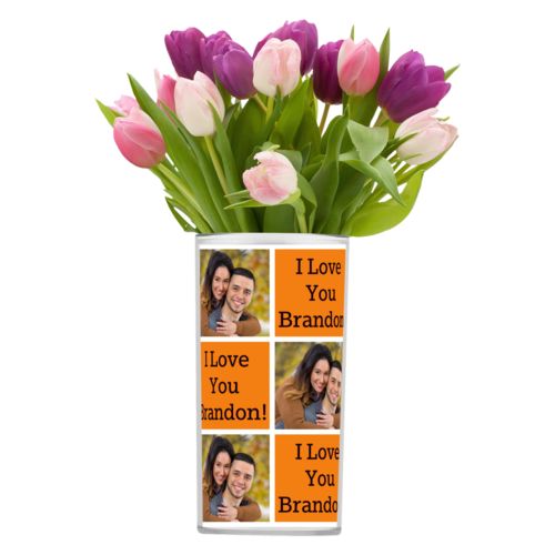 Personalized vase personalized with a photo and the saying "I Love You Brandon!" in black and juicy orange