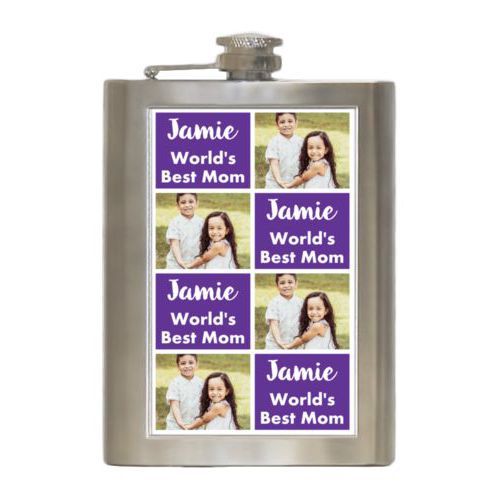 Personalized 8oz flask personalized with a photo and the saying "Jamie World's Best Mom" in purple and white