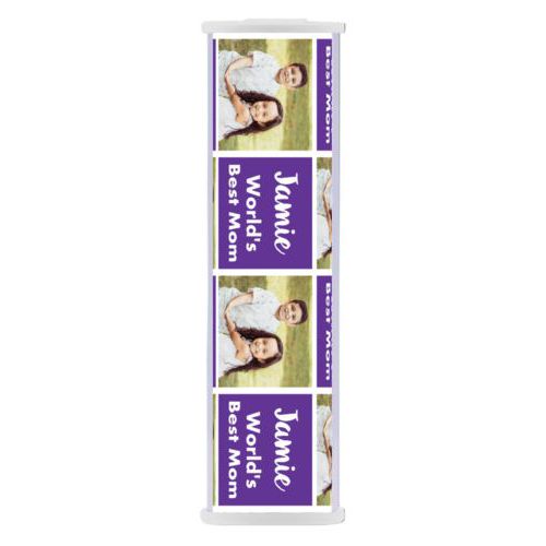 Personalized backup phone charger personalized with a photo and the saying "Jamie World's Best Mom" in purple and white