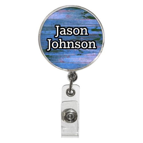 Personalized badge reel personalized with sky rustic pattern and the saying "Jason Johnson"