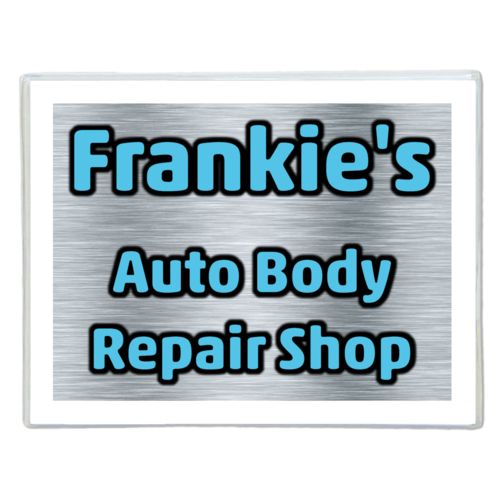 Personalized note cards personalized with steel industrial pattern and the saying "Frankie's Auto Body Repair Shop"