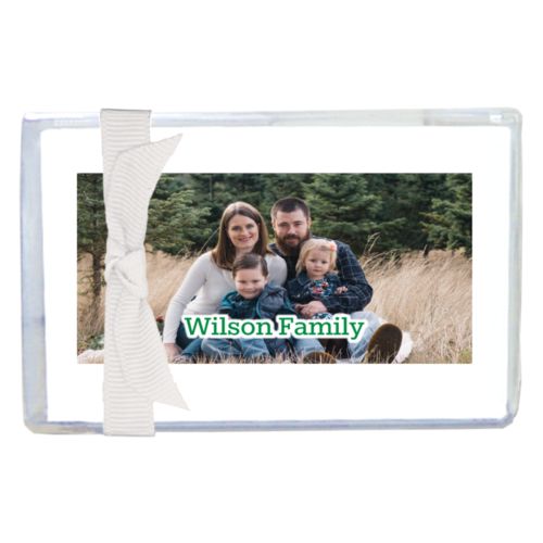 Personalized enclosure cards personalized with photo and the saying "Wilson Family"