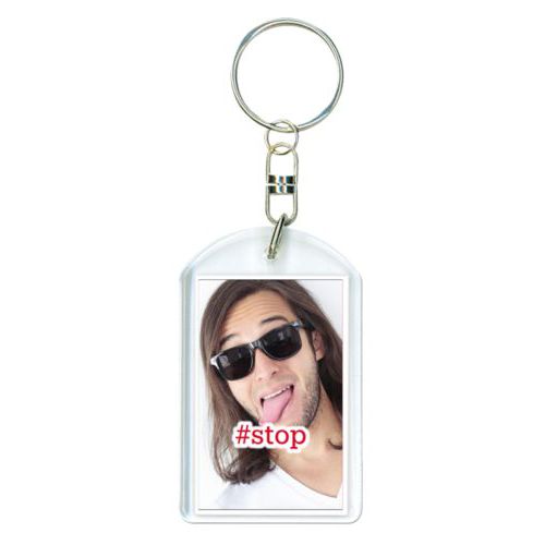 Personalized plastic keychain personalized with photo and the saying "#stop"
