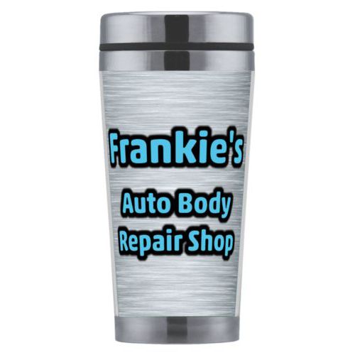 Personalized coffee mug personalized with steel industrial pattern and the saying "Frankie's Auto Body Repair Shop"