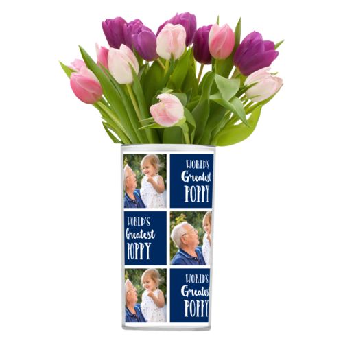 Personalized vase personalized with a photo and the saying "World's Greatest Poppy" in navy blue and white