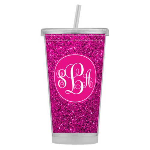 Personalized tumbler personalized with pink glitter pattern and monogram in bright pink