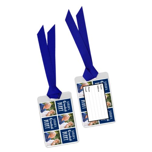 Personalized bag tag personalized with a photo and the saying "World's Greatest Poppy" in navy blue and white