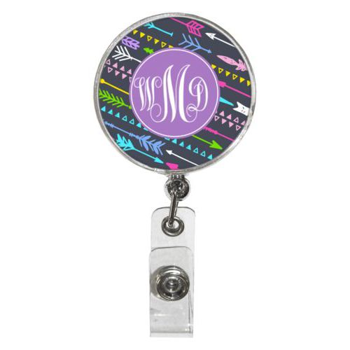 Personalized badge reel personalized with arrows pattern and monogram in purple powder