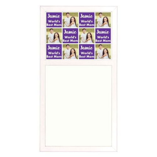Personalized white board personalized with a photo and the saying "Jamie World's Best Mom" in purple and white