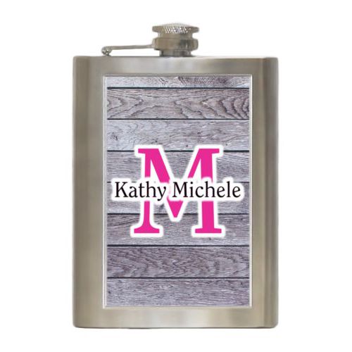 Personalized 8oz flask personalized with grey wood pattern and the sayings "M" and "Kathy Michele"