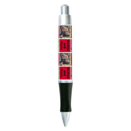 Personalized pen personalized with a photo and the saying "Nadine and Mario" in black and apple red