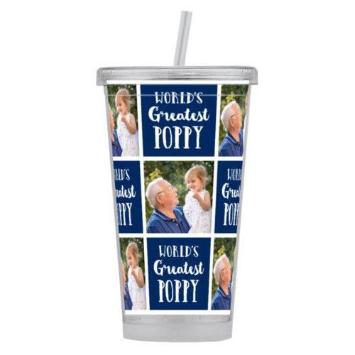 Personalized tumbler personalized with a photo and the saying "World's Greatest Poppy" in navy blue and white
