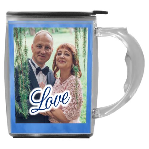 Custom mug with handle personalized with blue cloud pattern and photo and the saying "love"