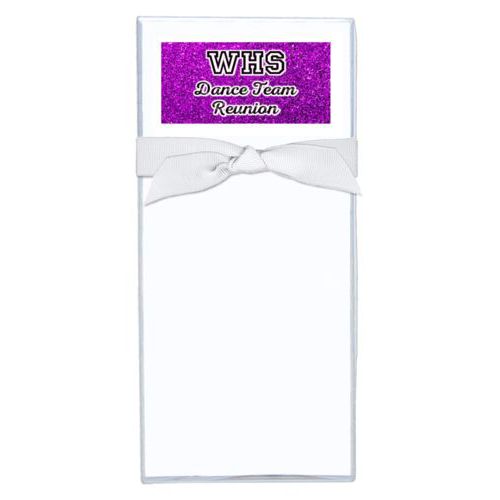 Personalized note sheets personalized with fuchsia glitter pattern and the saying "WHS Dance Team Reunion"