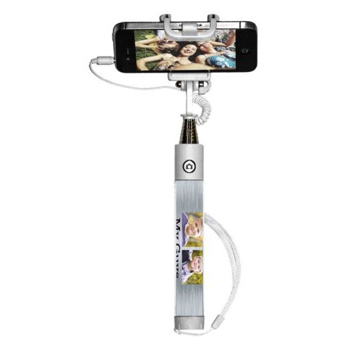 Personalized selfie stick personalized with steel industrial pattern and photo and the saying "My Guys"