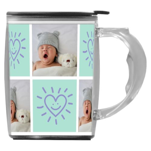 Custom mug with handle personalized with a photo and the saying "Smiling Heart" in easter purple and mint