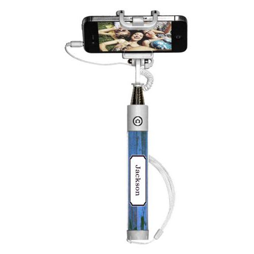Personalized selfie stick personalized with sky rustic pattern and name in black licorice