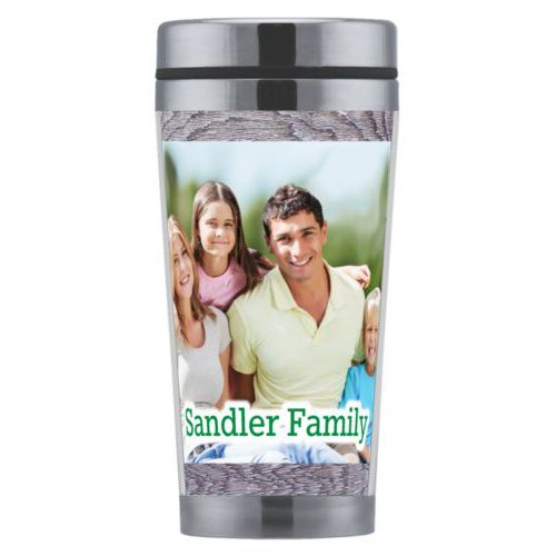 Personalized coffee mug personalized with grey wood pattern and photo and the saying "Sandler Family"