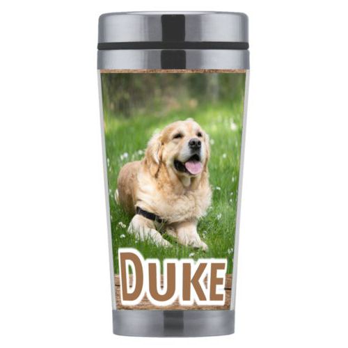 Personalized coffee mug personalized with brown wood pattern and photo and the saying "Duke"