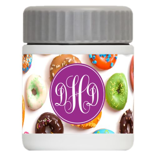 Personalized 12oz food jar personalized with donuts pattern and monogram in eggplant