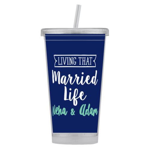 Personalized tumbler personalized with the sayings "Neha & Adam" and "living that married life"